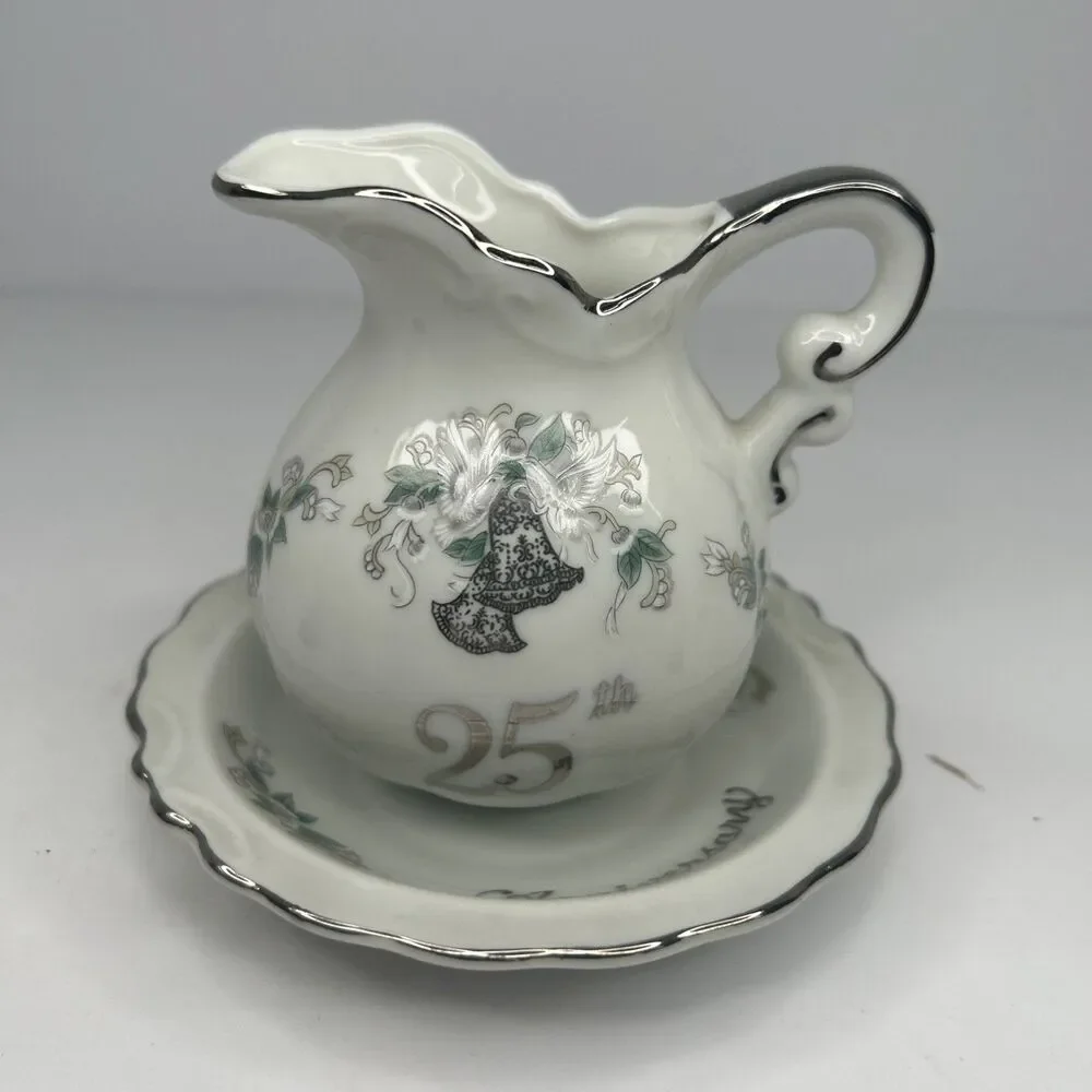 Vintage Lefton China 25th Anniversary Creamer Pitcher and Saucer Set 1134